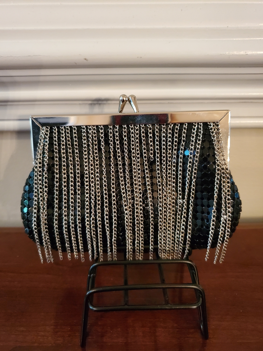 Stunning Vintage Regal Black Sequin & Silver Chain Fringe Clutch